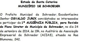 Read more about the article Schroeder: Audiência Pública para Revisão do Plano Diretor