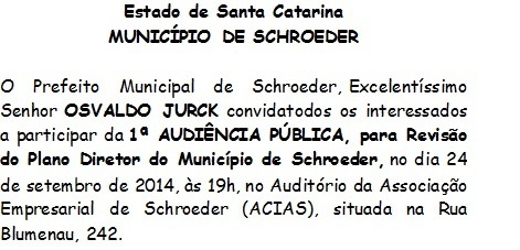 You are currently viewing Schroeder: Audiência Pública para Revisão do Plano Diretor