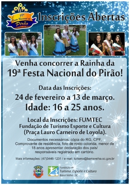 Read more about the article Estão abertas inscrições para Rainha e Princesas da 19ª Festa Nacional do Pirão